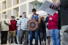 Student with a captain america shield