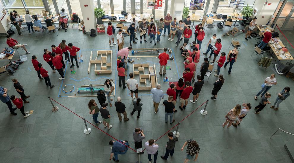 An aerial view of the robotics competition in Duffield Hall